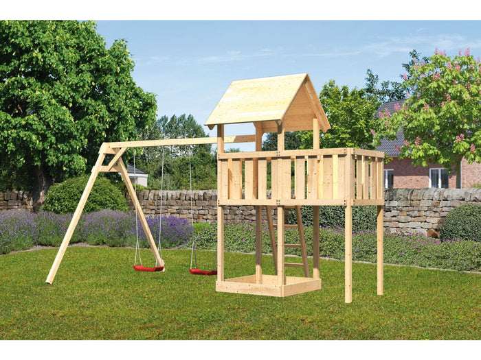 Karibu Spielturm Lotti natur mit Anbauplattform und Doppelschaukel