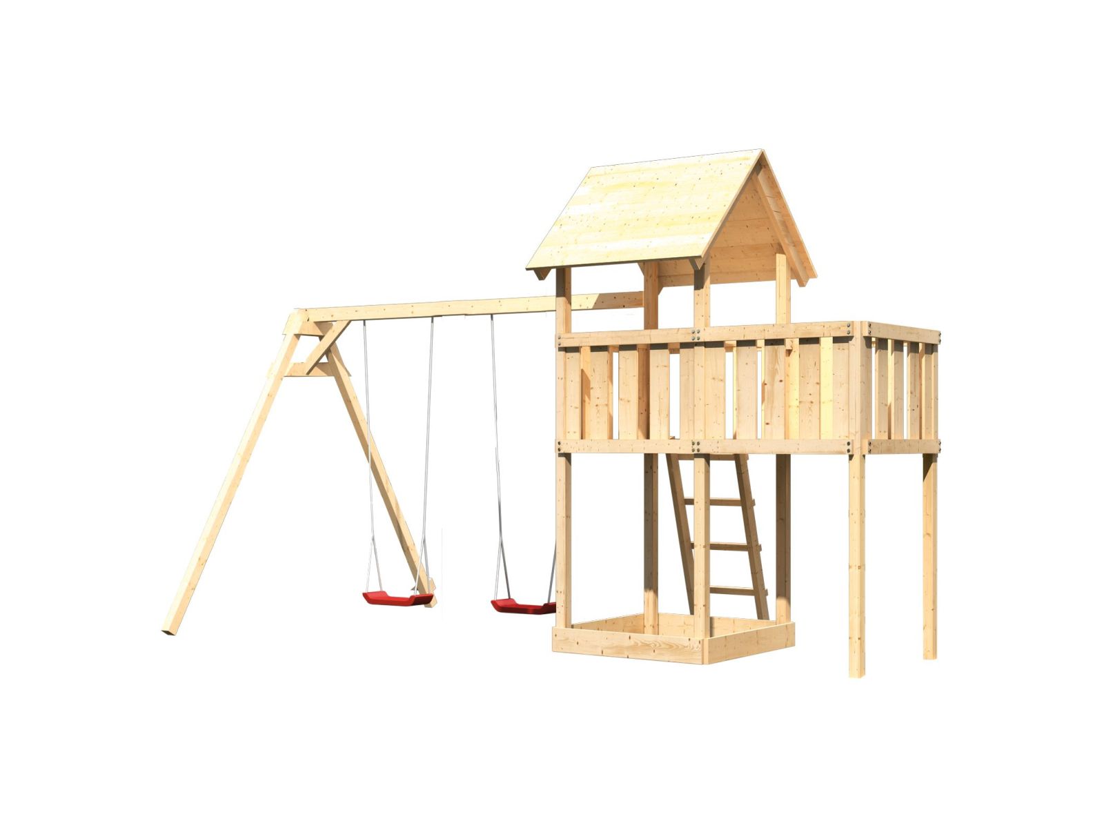 Karibu Spielturm Lotti natur mit Anbauplattform und Doppelschaukel