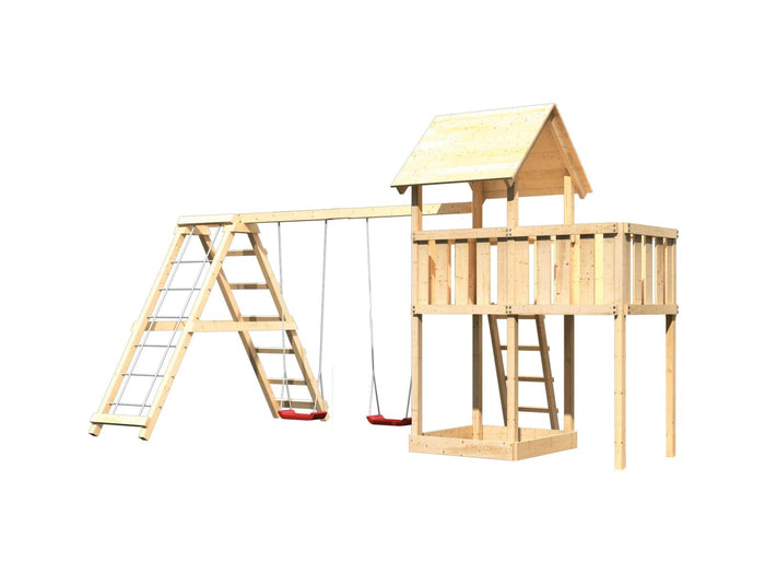 Karibu Spielturm Lotti natur- Anbauplattform- Doppelschaukel inkl. Klettergerüst