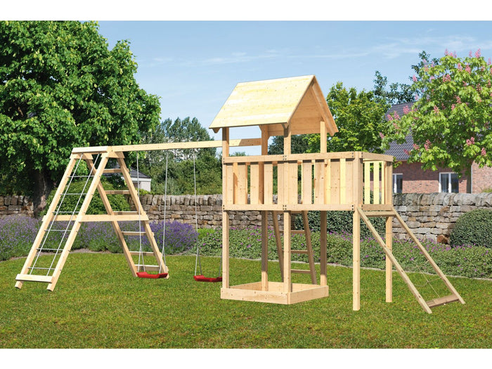 Karibu Spielturm Lotti natur- Anbauplattform- Doppelschaukel inkl. Klettergerüst- Netzrampe