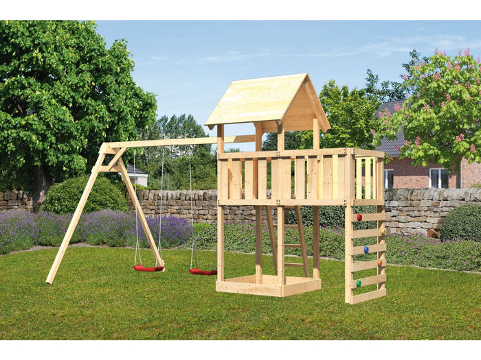 Karibu Spielturm Lotti Satteldach + Doppelschaukel + Anbauplattform + Kletterwand