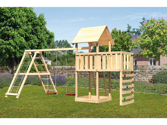 Karibu Spielturm Lotti Satteldach + Doppelschaukelanbau Klettergerüst + Anbauplattform + Kletterwand