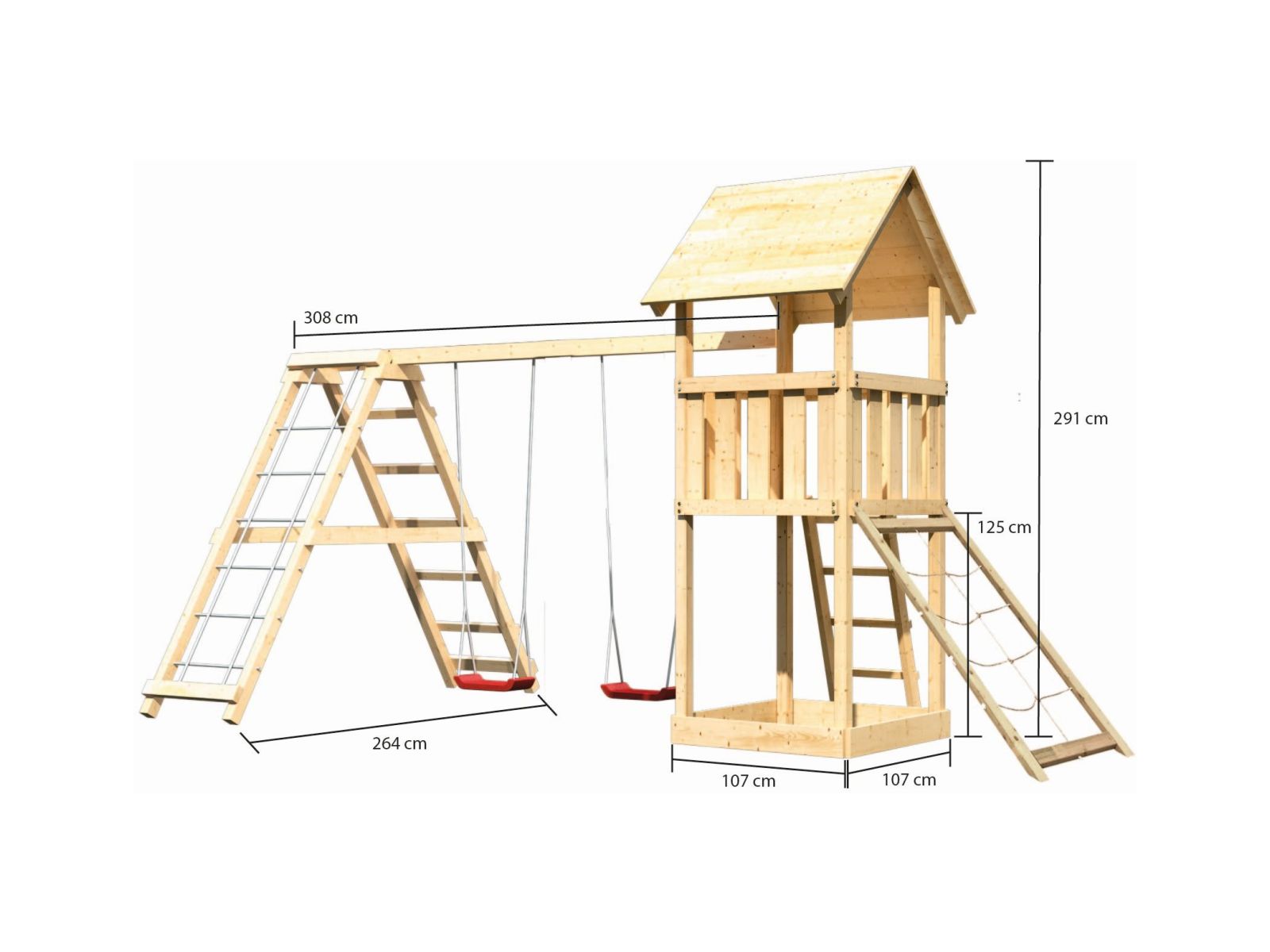 Karibu Spielturm Lotti- Doppelschaukel mit Klettergerüst und Netzrampe