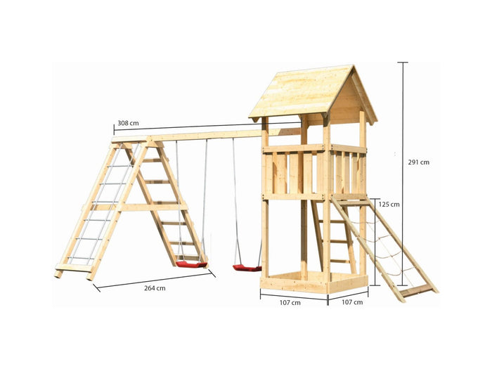 Karibu Spielturm Lotti- Doppelschaukel mit Klettergerüst und Netzrampe