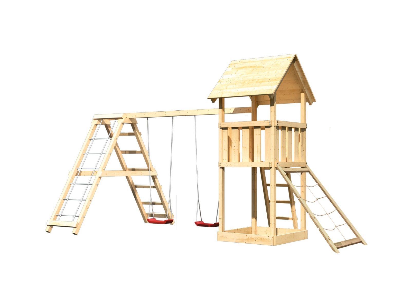 Karibu Spielturm Lotti- Doppelschaukel mit Klettergerüst und Netzrampe