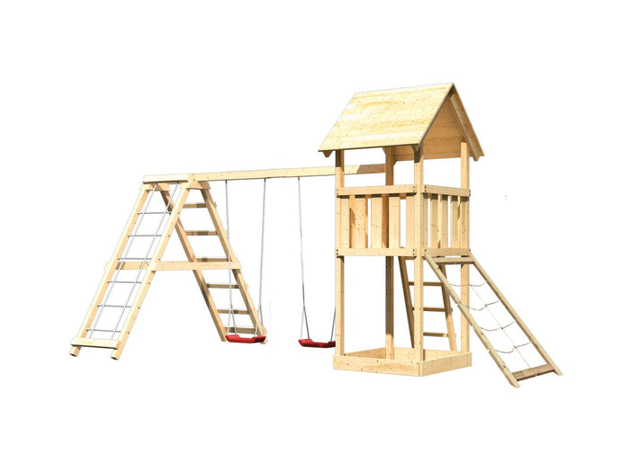 Karibu Spielturm Lotti- Doppelschaukel mit Klettergerüst und Netzrampe