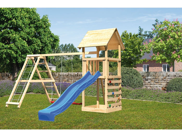 Karibu Spielturm Lotti- Doppelschaukel mit Klettergerüst, Kletterwand und Rutsche in blau