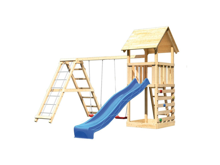 Karibu Spielturm Lotti- Doppelschaukel mit Klettergerüst, Kletterwand und Rutsche in blau