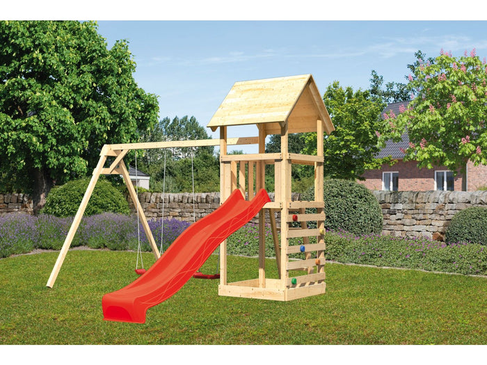 Karibu Spielturm Lotti mit Doppelschaukel, Kletterwand und Rutsche rot