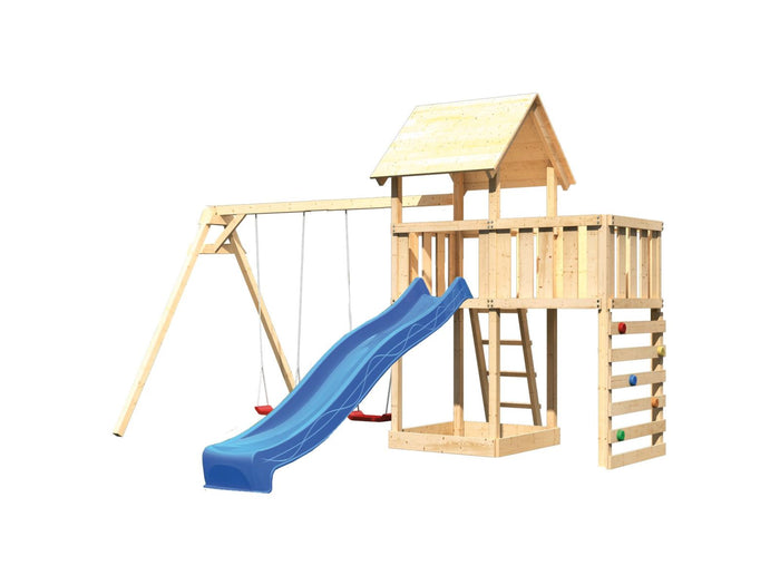 Karibu Spielturm Lotti Satteldach + Rutsche blau + Doppelschaukel + Anbauplattform + Kletterwand