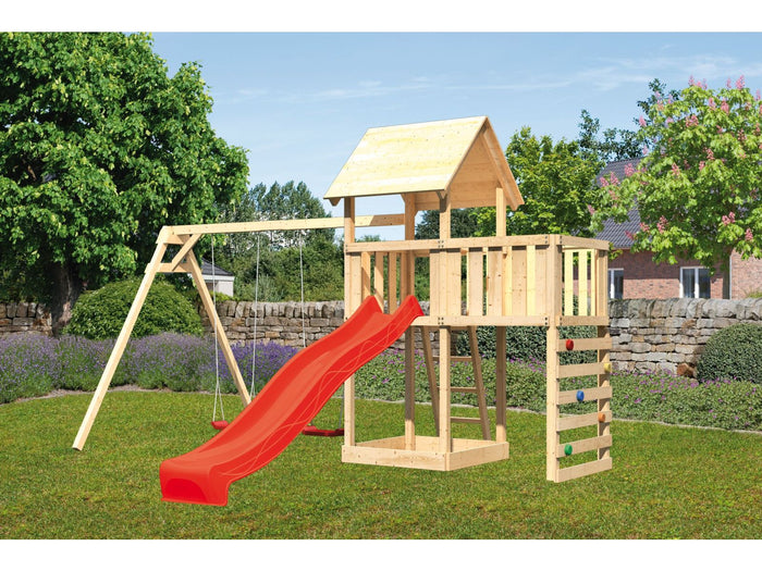 Karibu Spielturm Lotti Satteldach + Rutsche rot + Doppelschaukel + Anbauplattform + Kletterwand