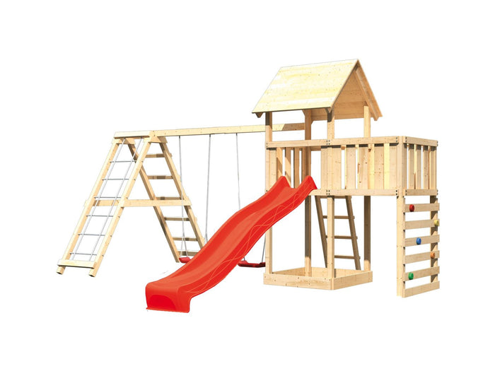 Karibu Spielturm Lotti Satteldach + Rutsche rot + Doppelschaukel Klettergerüst + Anbauplattform + Kl