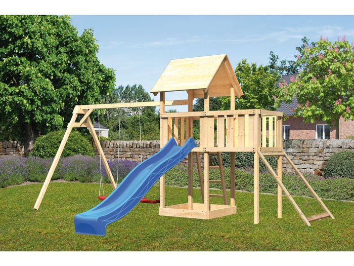 Karibu Spielturm Lotti Satteldach + Rutsche blau + Doppelschaukel + Anbauplattform + Netzrampe