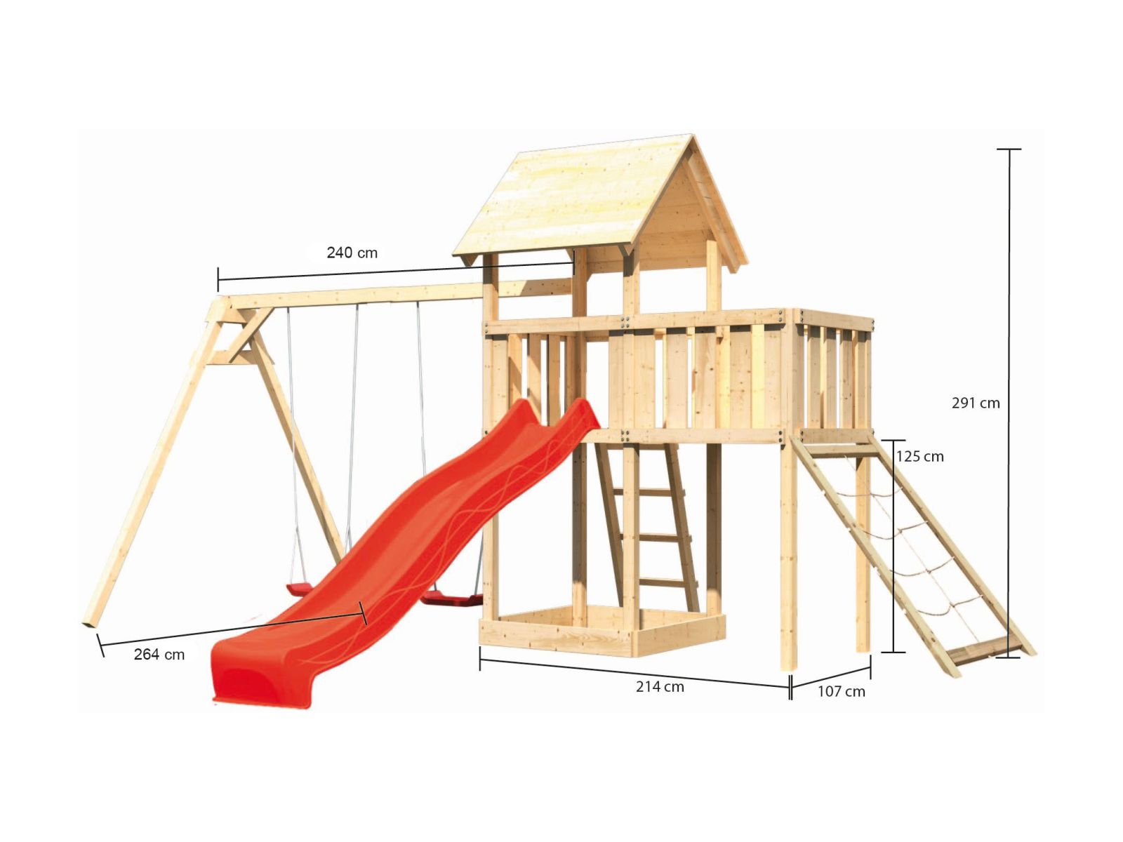 Karibu Spielturm Lotti Satteldach + Rutsche rot + Doppelschaukel + Anbauplattform + Netzrampe