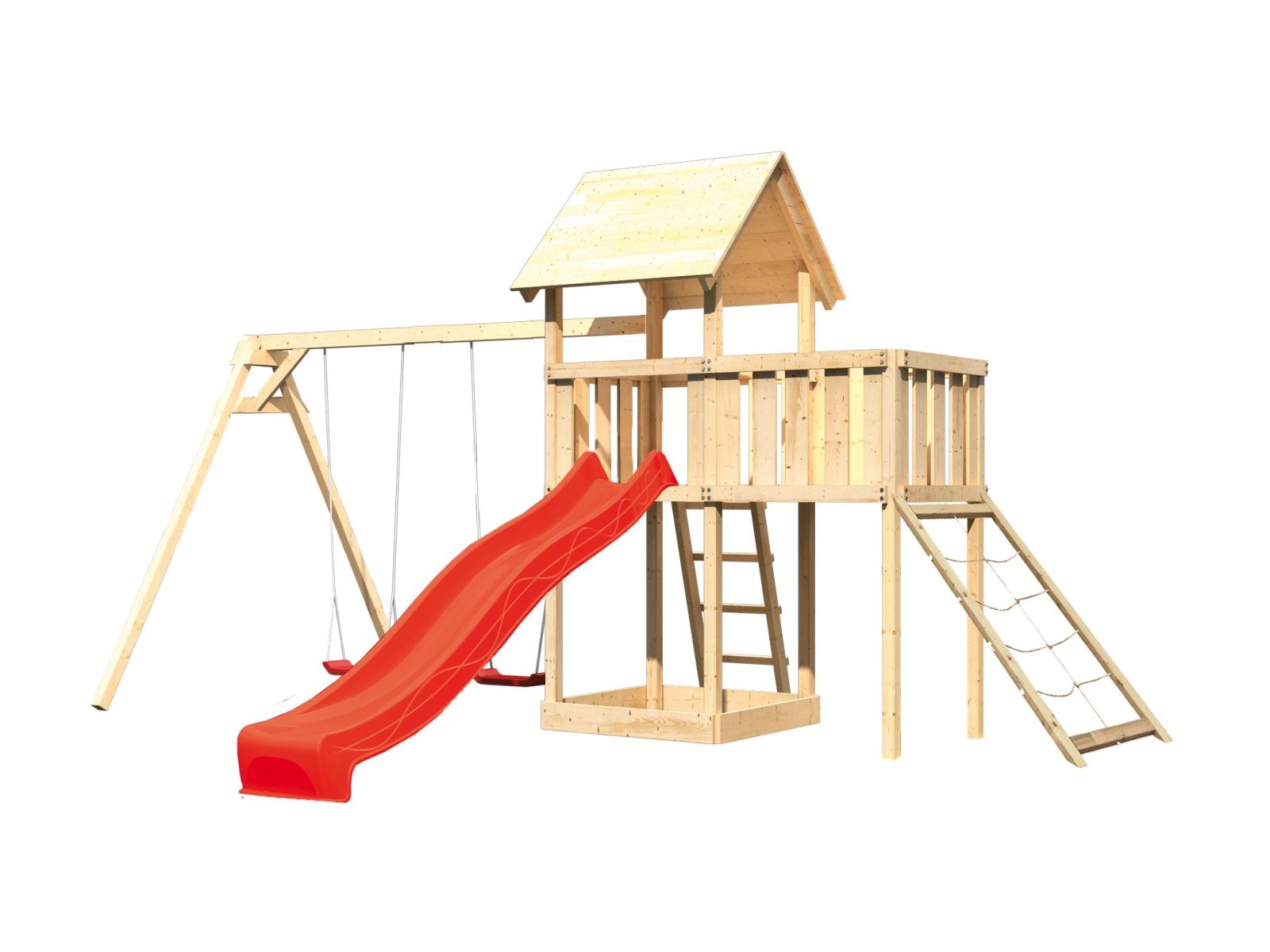 Karibu Spielturm Lotti Satteldach + Rutsche rot + Doppelschaukel + Anbauplattform + Netzrampe