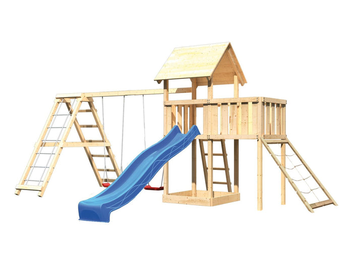 Karibu Spielturm Lotti Satteldach + Rutsche blau + Doppelschaukelanbau Klettergerüst + Anbauplattfor