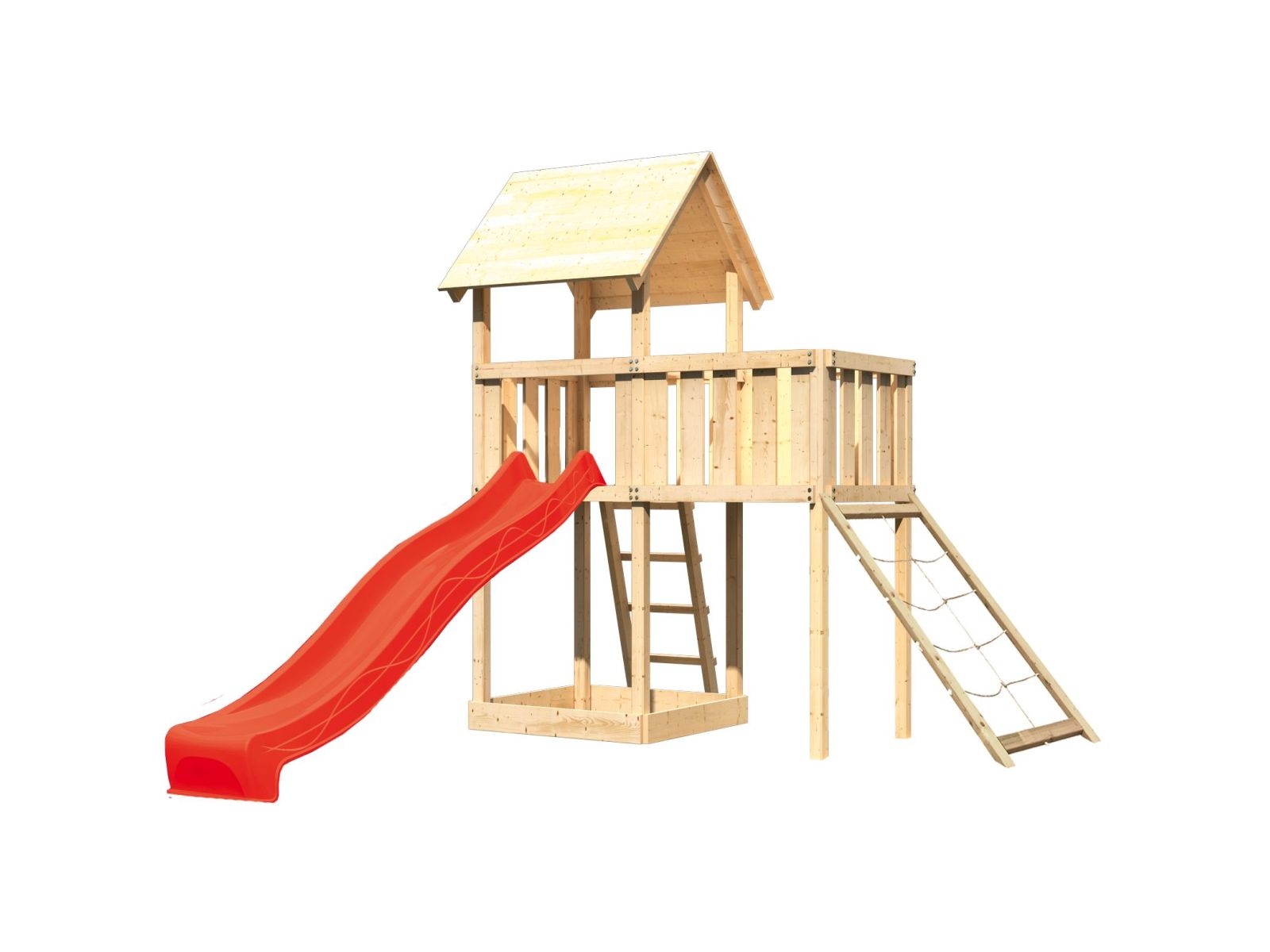 Karibu Spielturm Lotti natur mit Anbauplattform, Netzrampe und Rutsche rot