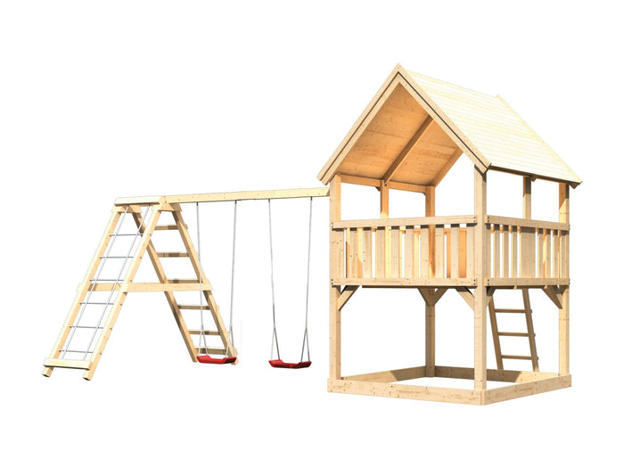 Karibu Spielturm Luis Satteldach + Doppelschaukelanbau Klettergerüst