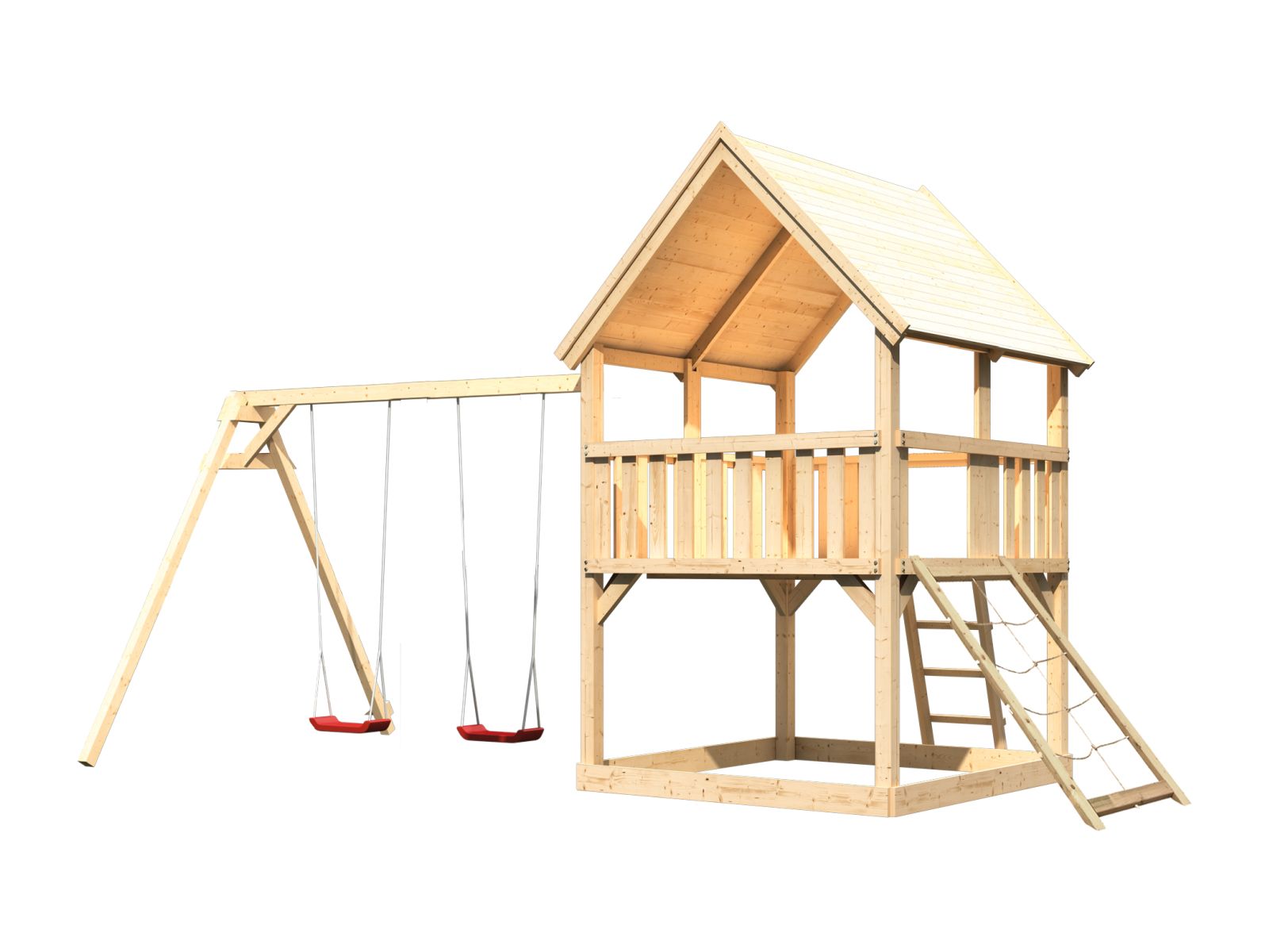 Karibu Spielturm Luis Satteldach + Doppelschaukel + Netzrampe