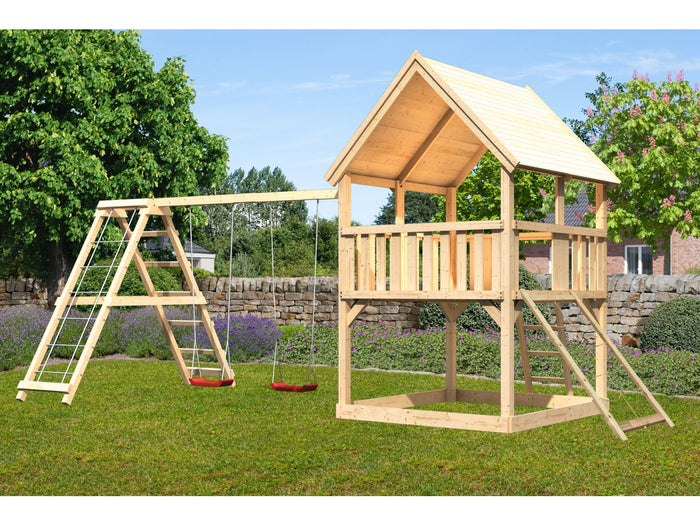 Karibu Spielturm Luis Satteldach + Doppelschaukelanbau Klettergerüst + Netzrampe