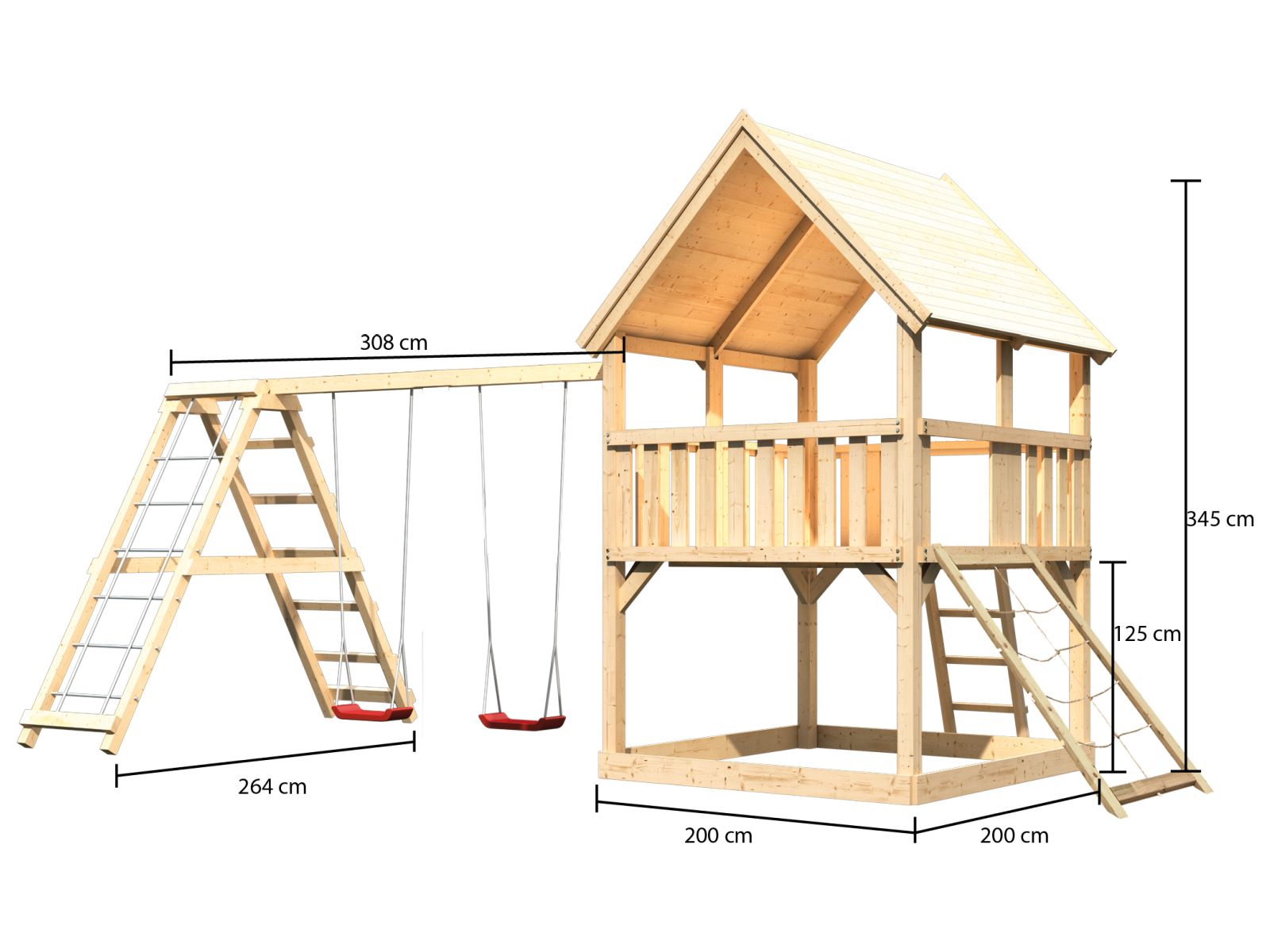 Karibu Spielturm Luis Satteldach + Doppelschaukelanbau Klettergerüst + Netzrampe