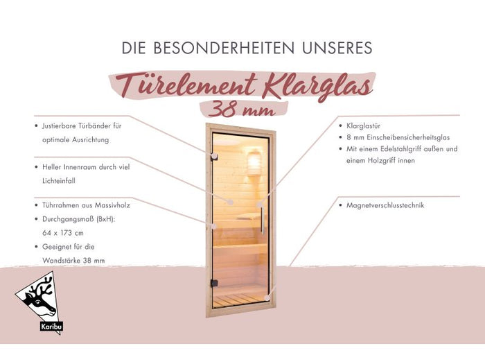 Karibu Saunatür Classic klarglas für 38 / 40 mm Wandstärke