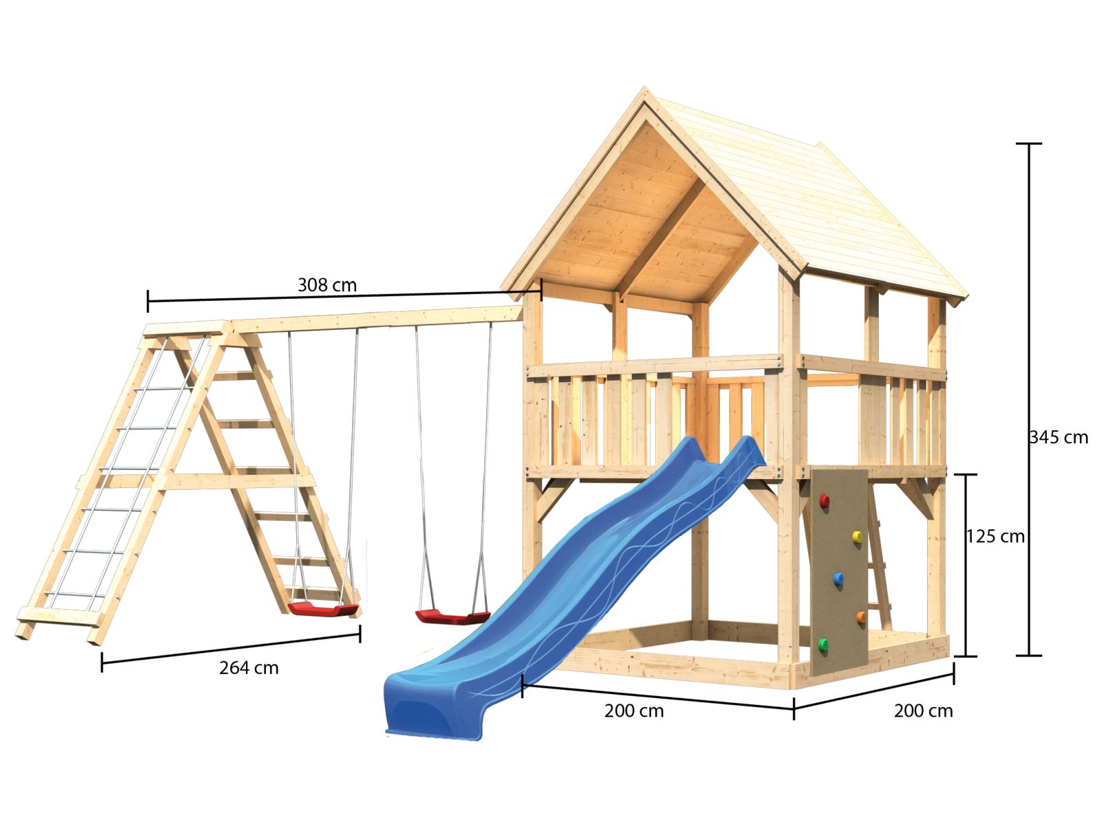 Karibu Spielturm Luis Satteldach + Rutsche blau + Doppelschaukelanbau Klettergerüst + Kletterwand