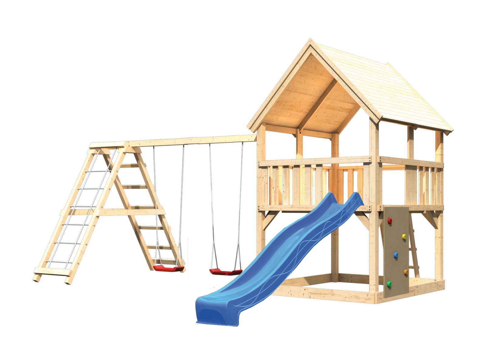 Karibu Spielturm Luis Satteldach + Rutsche blau + Doppelschaukelanbau Klettergerüst + Kletterwand
