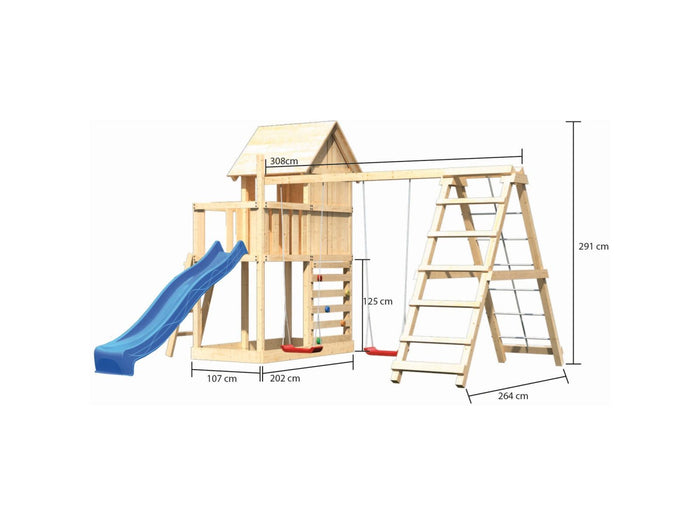Karibu Stelzenhaus Frieda + Rutsche blau + Doppelschaukel inkl. Klettergerüst + Kletterwand