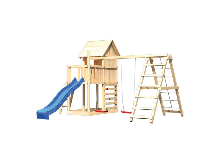 Karibu Stelzenhaus Frieda + Rutsche blau + Doppelschaukel inkl. Klettergerüst + Kletterwand