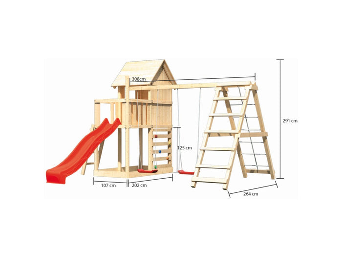 Karibu Stelzenhaus Frieda + Rutsche rot + Doppelschaukel inkl. Klettergerüst + Kletterwand