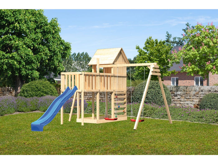 Karibu Stelzenhaus Frieda + Rutsche blau + Doppelschaukel + Anbauplattform + Kletterwand