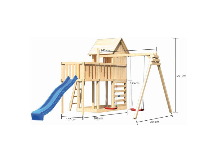 Karibu Stelzenhaus Frieda + Rutsche blau + Doppelschaukel + Anbauplattform + Kletterwand