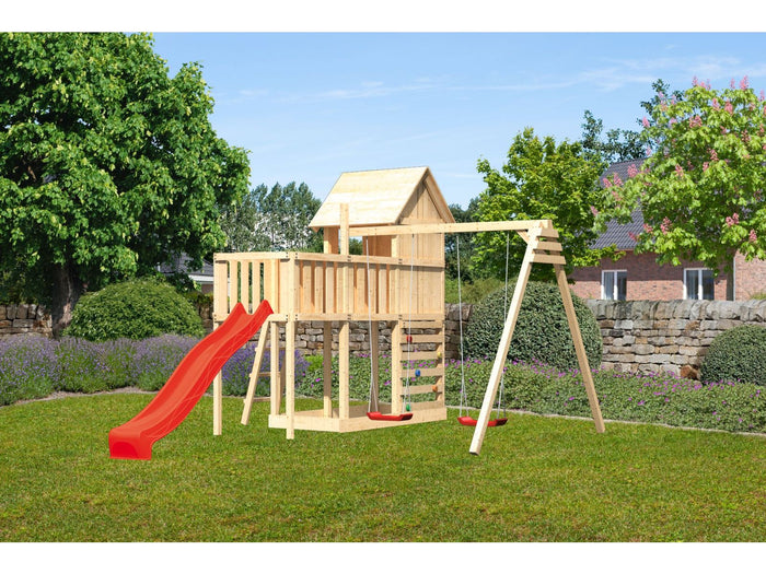 Karibu Stelzenhaus Frieda + Rutsche rot + Doppelschaukel + Anbauplattform + Kletterwand