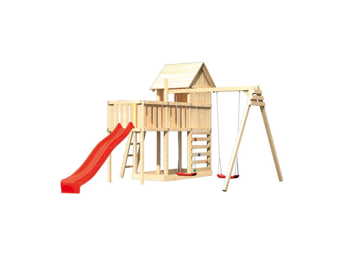 Karibu Stelzenhaus Frieda + Rutsche rot + Doppelschaukel + Anbauplattform + Kletterwand