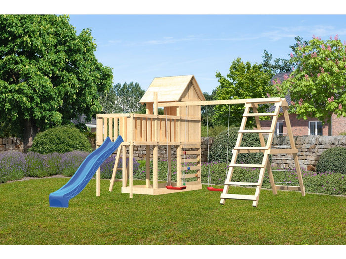 Karibu Stelzenhaus Frieda + Rutsche blau + Doppelschaukel Klettergerüst + Anbauplattform + Kletterwa
