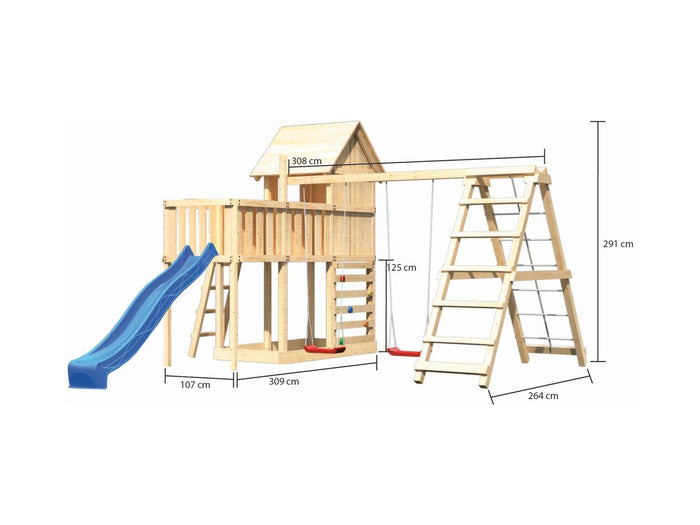 Karibu Stelzenhaus Frieda + Rutsche blau + Doppelschaukel Klettergerüst + Anbauplattform + Kletterwa