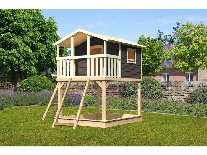 karibu Stelzenhaus Benjamin terragrau mit Netzrampe