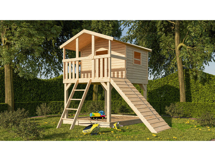 Karibu Stelzenhaus Benjamin naturbelassen mit Holzrampe