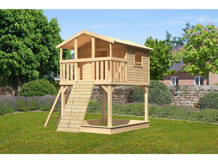 Karibu Stelzenhaus Benjamin naturbelassen mit Holzrampe