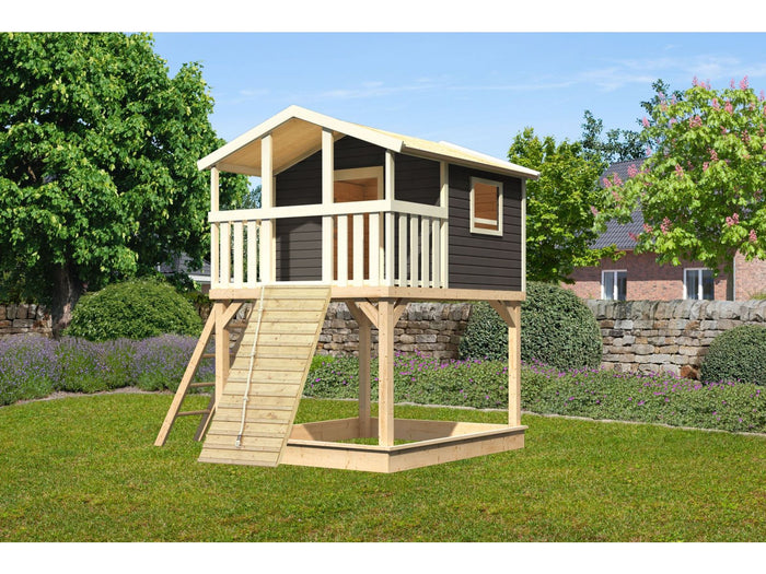 Karibu Stelzenhaus Benjamin terragrau mit Holzrampe