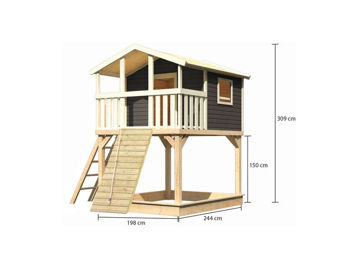 Karibu Stelzenhaus Benjamin terragrau mit Holzrampe