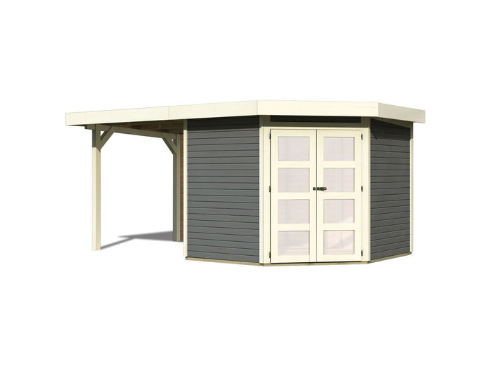 Karibu Gartenhaus Goldendorf 5 terragrau 19 mm mit Anbaudach 2,40 m und Rückwand