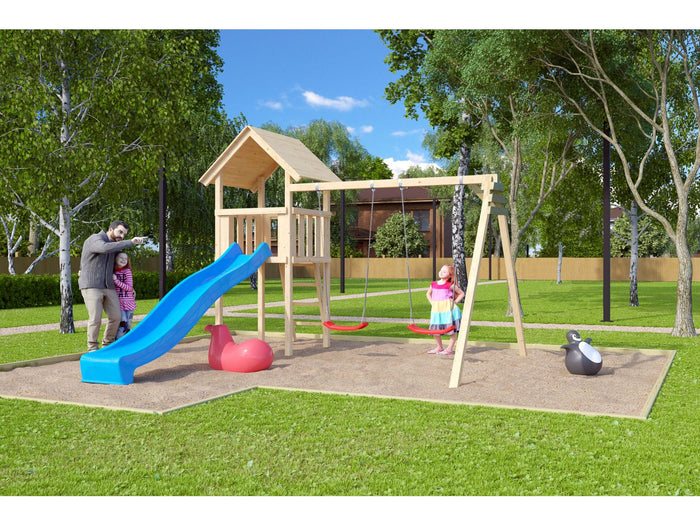 Karibu Spielturm Lotti Set mit Doppelschaukel und Rutsche in blau