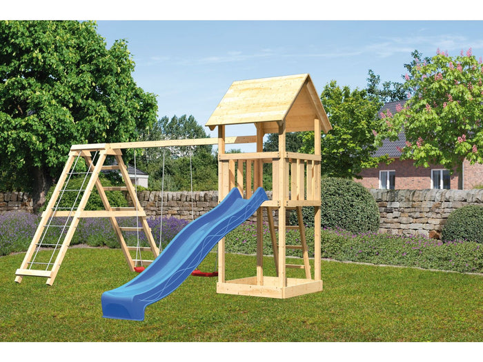 Karibu Spielturm Lotti mit Rutsche in blau und Doppelschaukel inkl. Klettergerüst