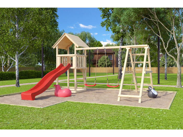 Karibu Spielturm Lotti mit Rutsche in rot und Doppelschaukel inkl. Klettergerüst