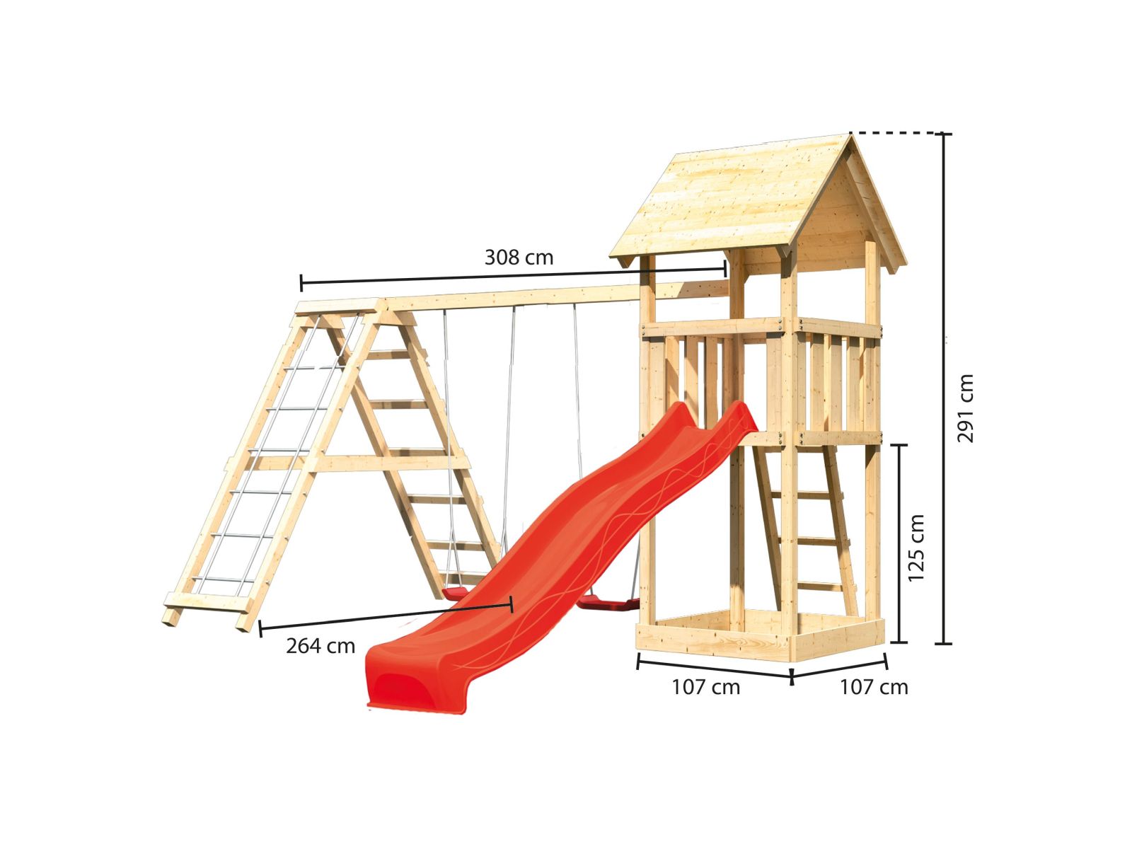 Karibu Spielturm Lotti mit Rutsche in rot und Doppelschaukel inkl. Klettergerüst