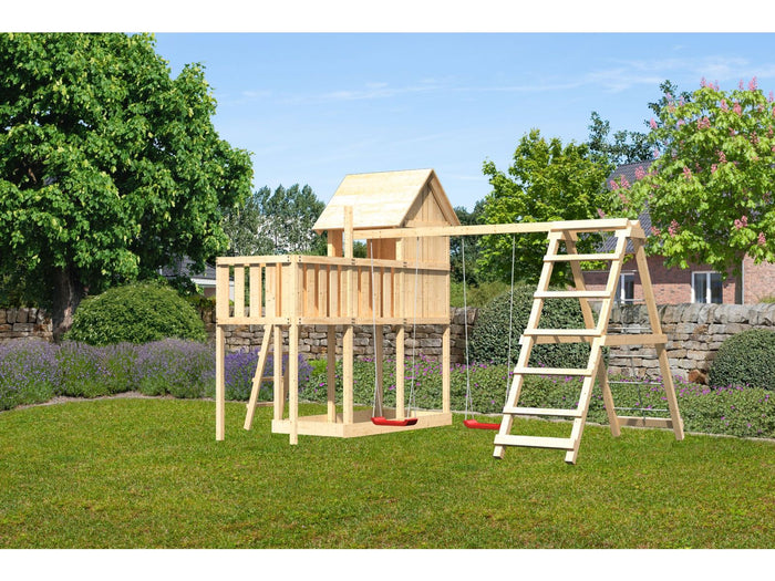 Karibu Stelzenhaus Frieda + Doppelschaukelanbau Klettergerüst + Anbauplattform