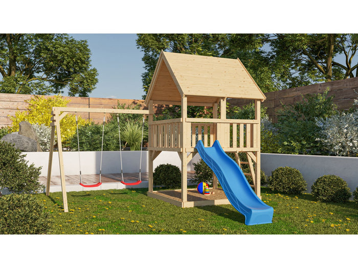 Karibu Spielturm Luis Satteldach + Rutsche blau + Doppelschaukel