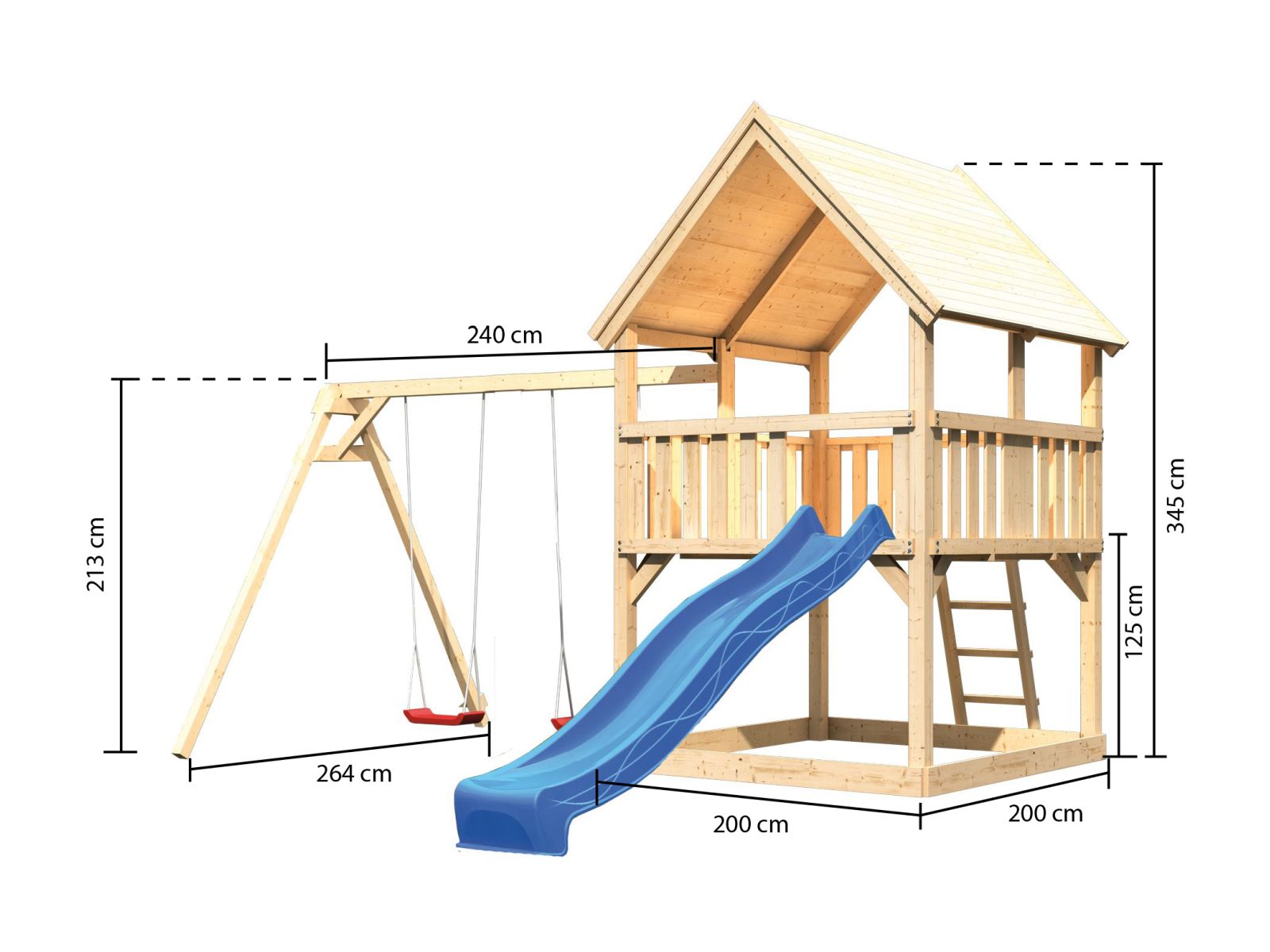 Karibu Spielturm Luis Satteldach + Rutsche blau + Doppelschaukel